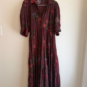 NATURAL LIFE Floral Button-Front Maxi Dress in Burgundy with Multicolor Blooms